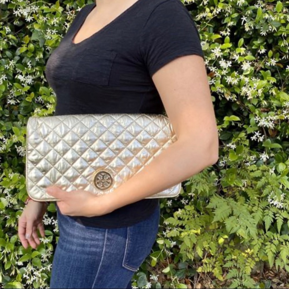 Tory Burch: Gold Clutch with Strap